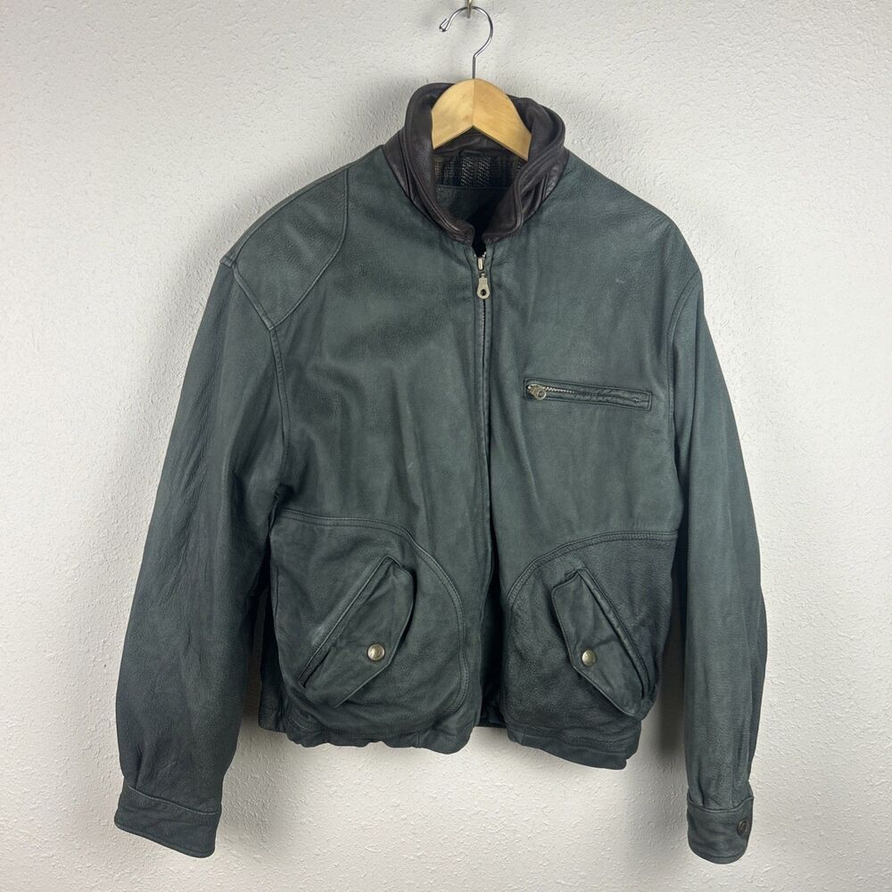 Vintage 90s ST JOHNS BAY Flannel Lined Green Leather Zip Bomber Flight Jacket L